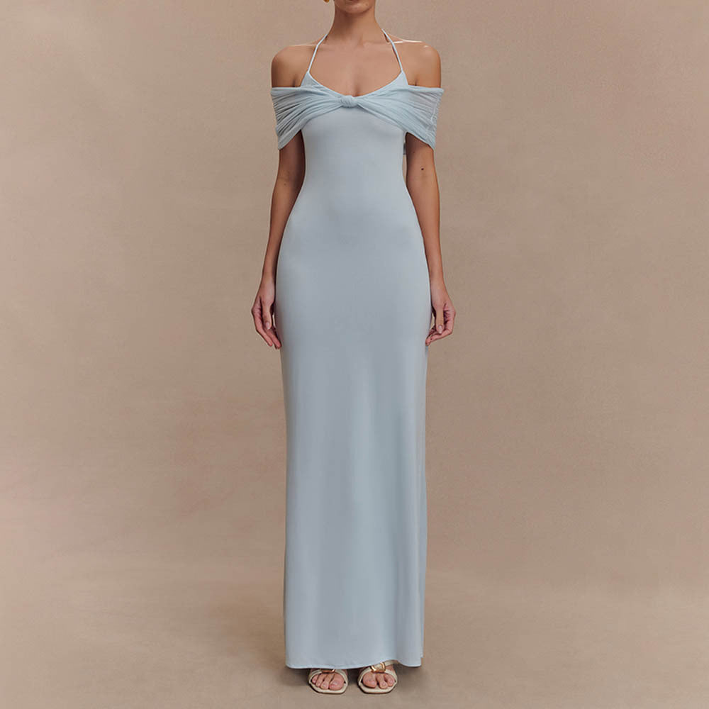 Damen Elegantes Maxi-Kleid mit schulterfreien Raffungen EB