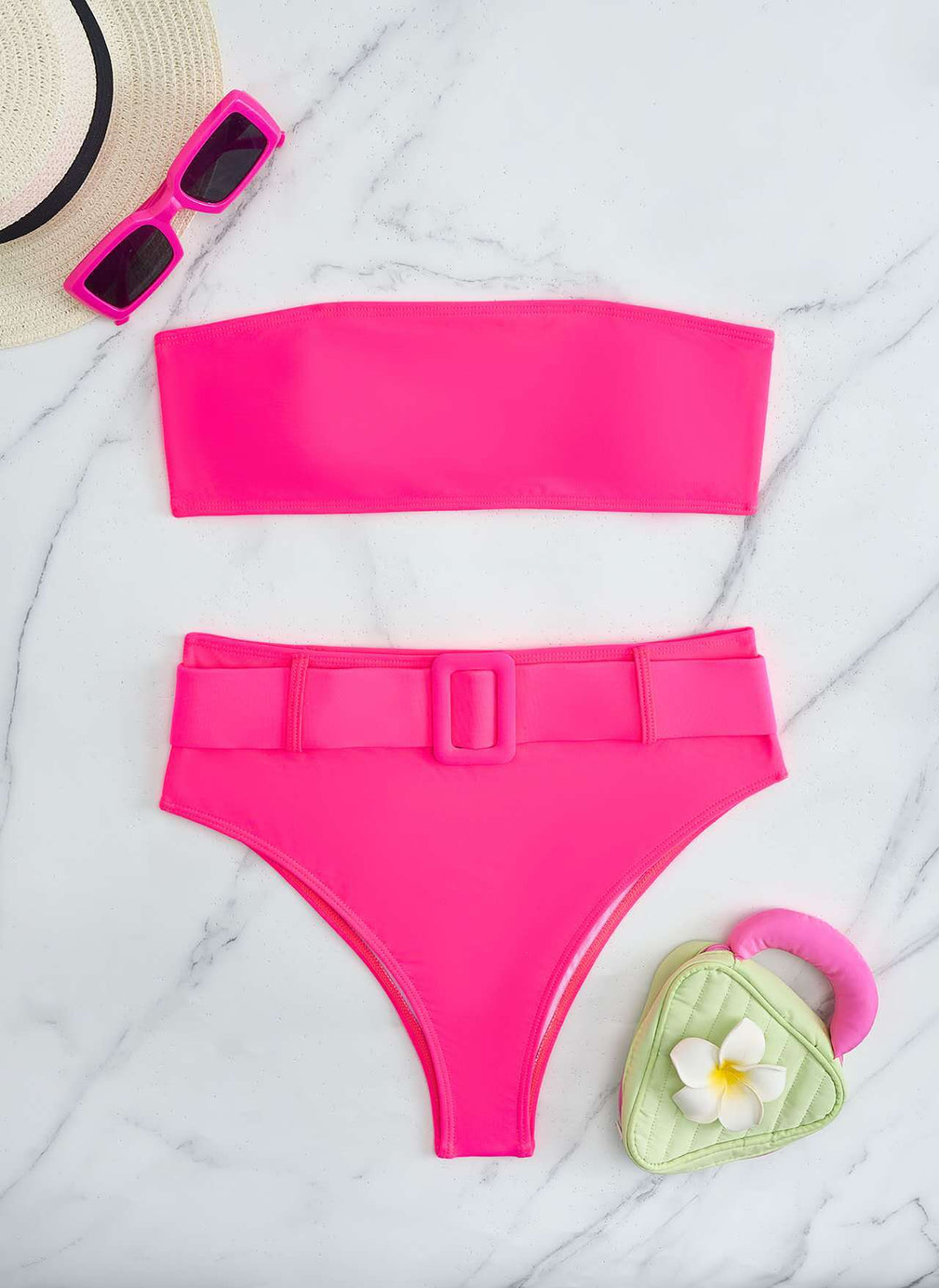 Damen Bandeau-Bikini-Set mit hoch taillierter Hose und trendigem Gürteldetail EB