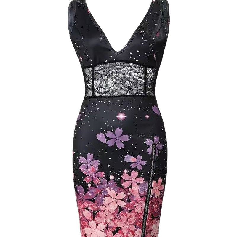 Damen Elegantes Blumenkleid mit tiefem V-Ausschnitt und Spitzen-Details EB