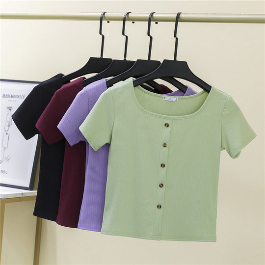 Damen Kurzarmshirt mit dekorativer Knopfleiste und modernem Rippenstrick EB
