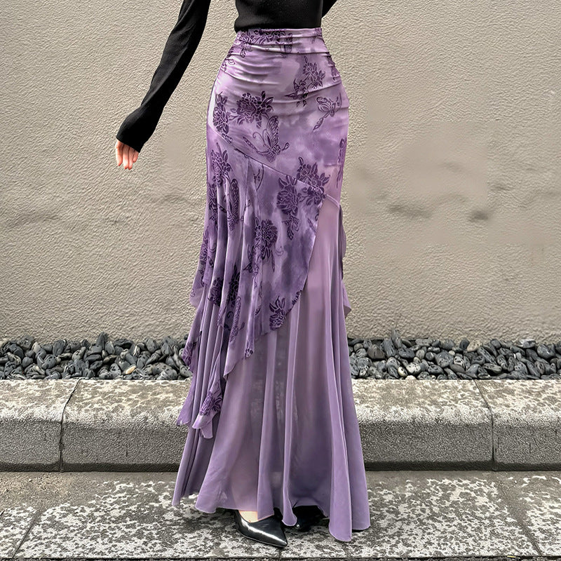 Damen Maxi-Rock mit floralem Design und asymmetrischem Schnitt EB