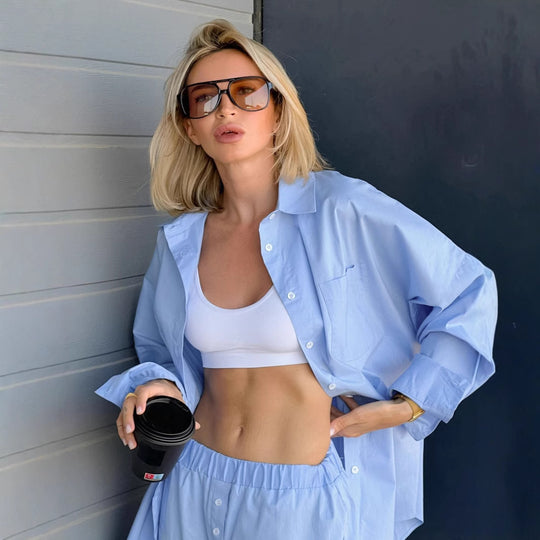 Damen lässiges Oversized Hemd und weite Hose Set EB