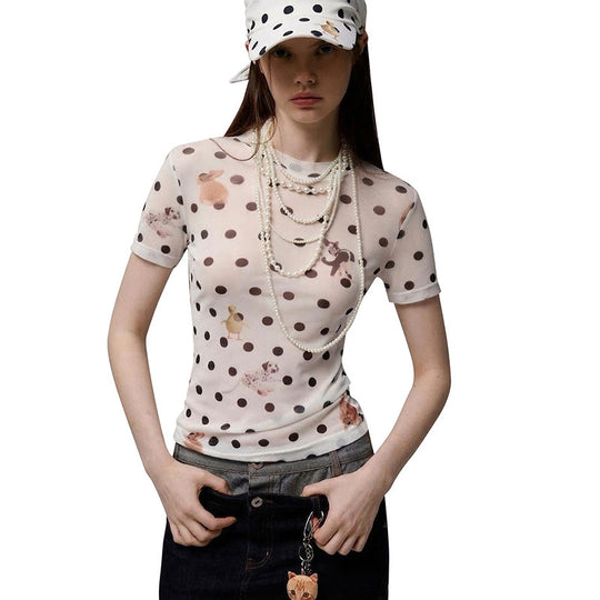 Damen Figurbetontes Polka-Dot T-Shirt mit verspieltem Tierdesign EB