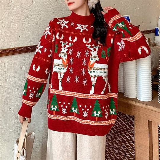 Damen Festlicher Pullover mit 3D-Rentier-Motiv und Hochkragen EB