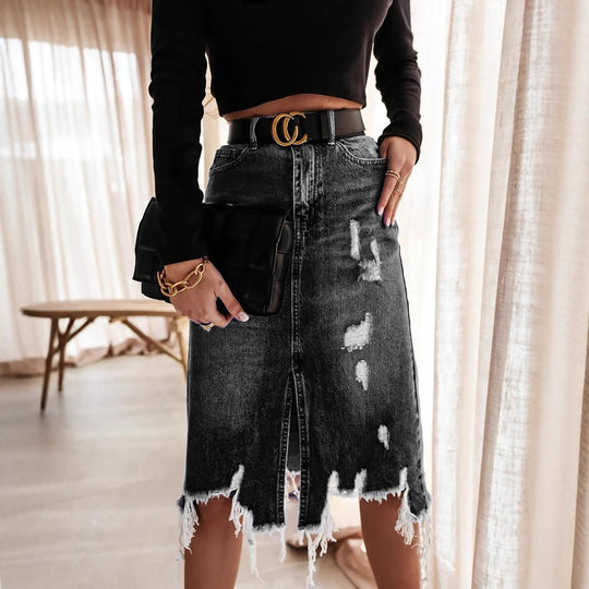 Damen Midi-Denimrock mit fransigem Saum und vertikalem Schlitz EB