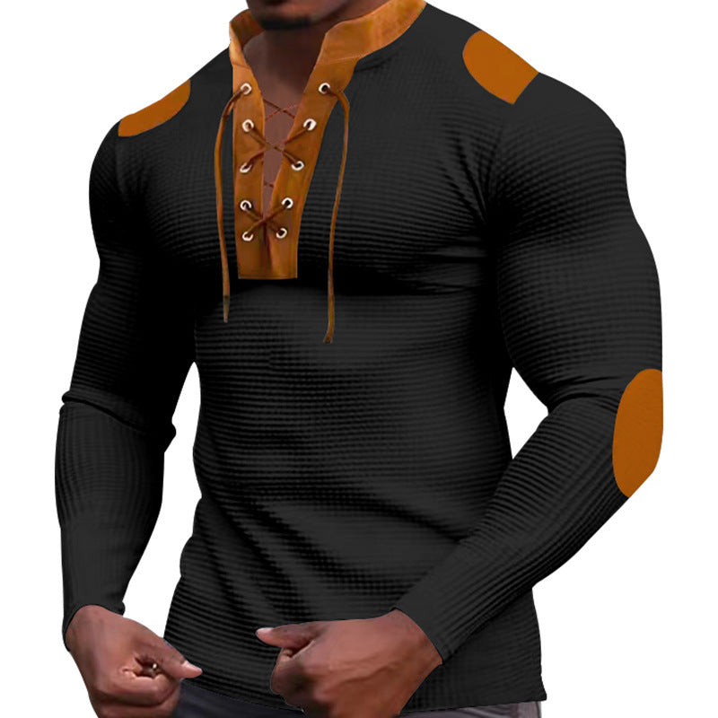 Herren Langarm-Henley-Shirt mit strukturiertem Gewebe und modischem Schnürdesign EB