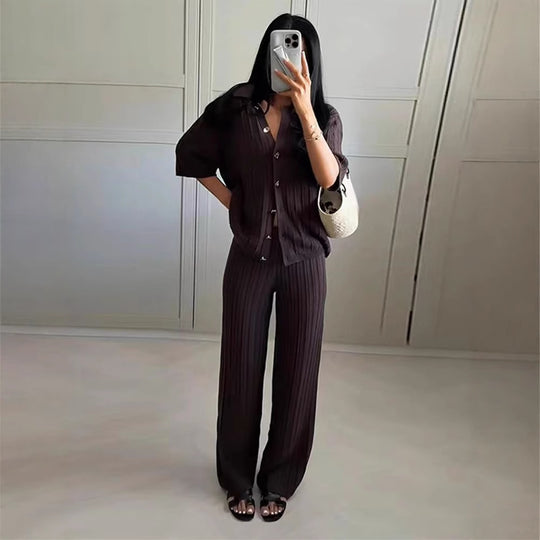 Damen weite Gummibund-Hose mit eleganten Streifen EB