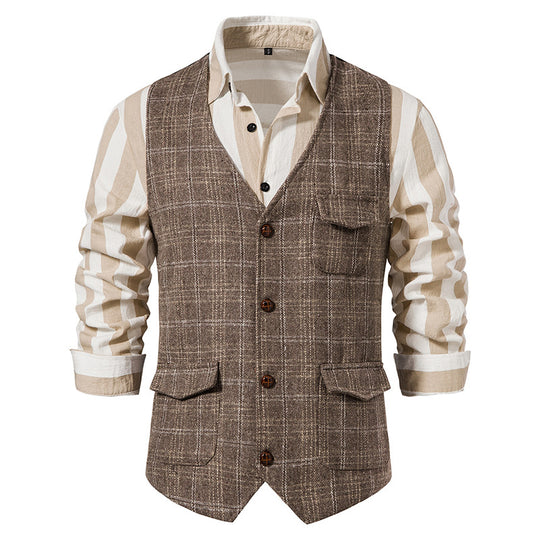 Herren nan kariertes Wollmix Gilet mit Brusttasche und aufgesetzten Seitentaschen EB