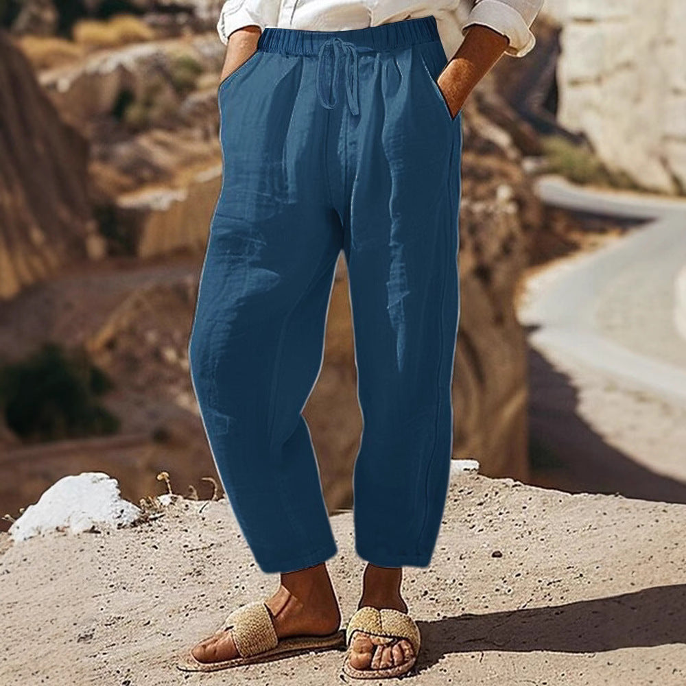 Damen Casual-Chino Leinenoptik Culotte mit elastischem Tunnelzugbund und Eingrifftaschen EB