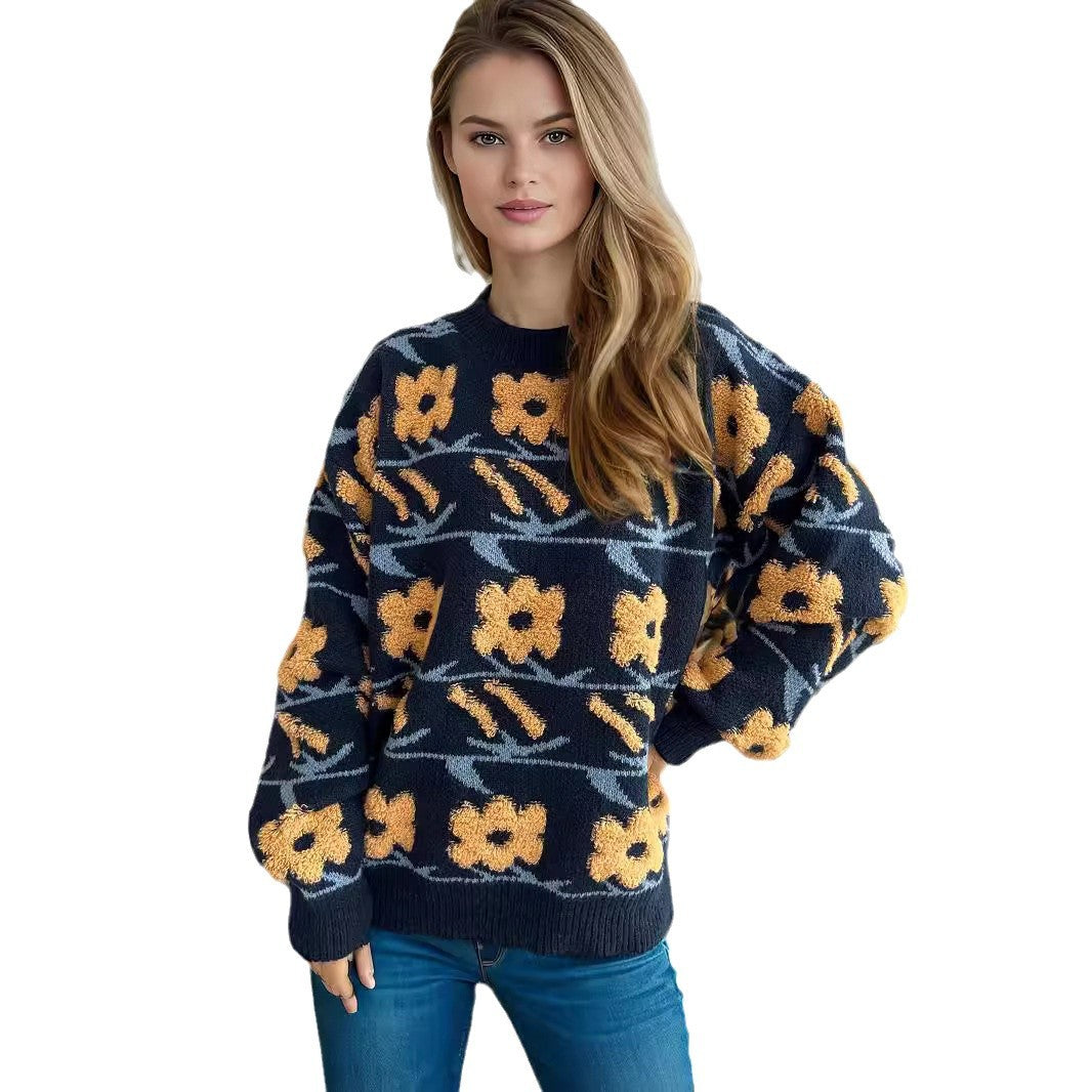 Damen Strickpullover mit floralem Muster und lässigem Schnitt EB