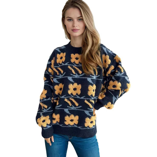 Damen Strickpullover mit floralem Muster und lässigem Schnitt EB