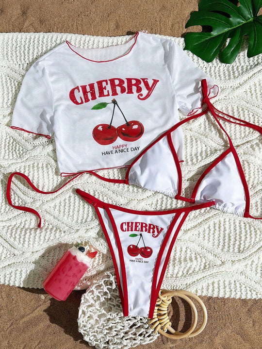 Damen Bikini-Set mit trendigem Kirschmotiv und lässigem Crop-Top EB
