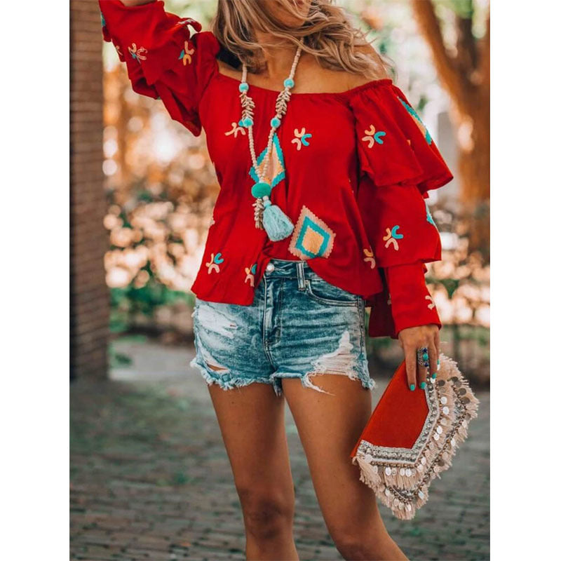 Damen Off-Shoulder Oberteil mit voluminösen Rüschen EB