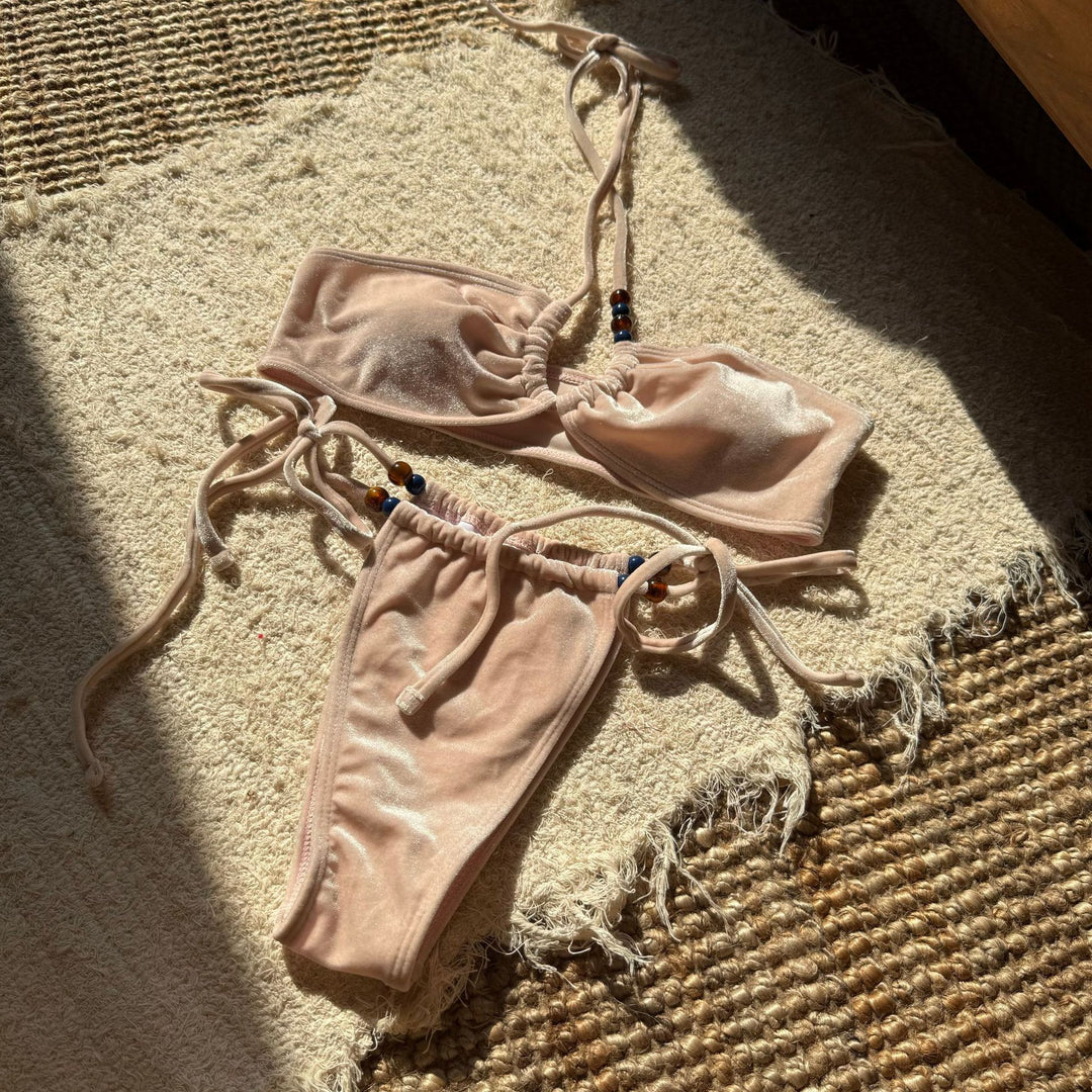 Damen Luxuriöser Bandeau-Bikini mit verstellbaren Trägern und dekorativen Perlen EB