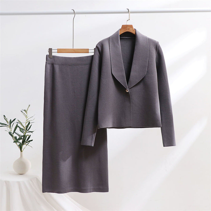 Damen elegantes Strickensemble mit Blazer und Midi-Rock EB