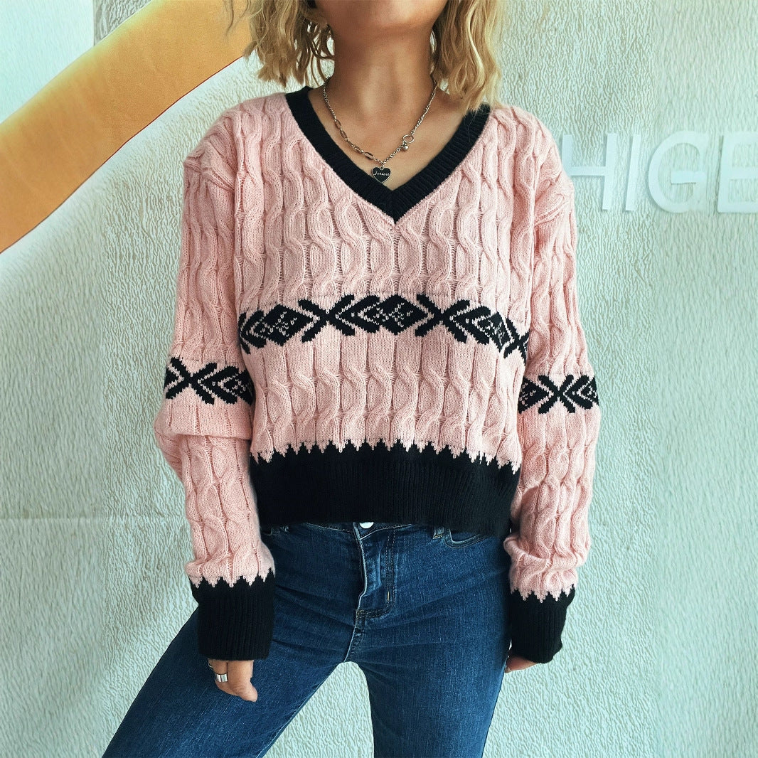Damen lässiger Strickpullover mit modernem Zopfmuster und kontrastierenden Akzenten EB