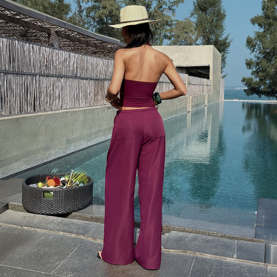 Damen luftiges Zweiteiliges Set mit tailliertem Bustier und weiten Hosen EB
