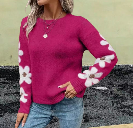 Damen Strickpullover mit floralem Muster und Rundhalsausschnitt EB