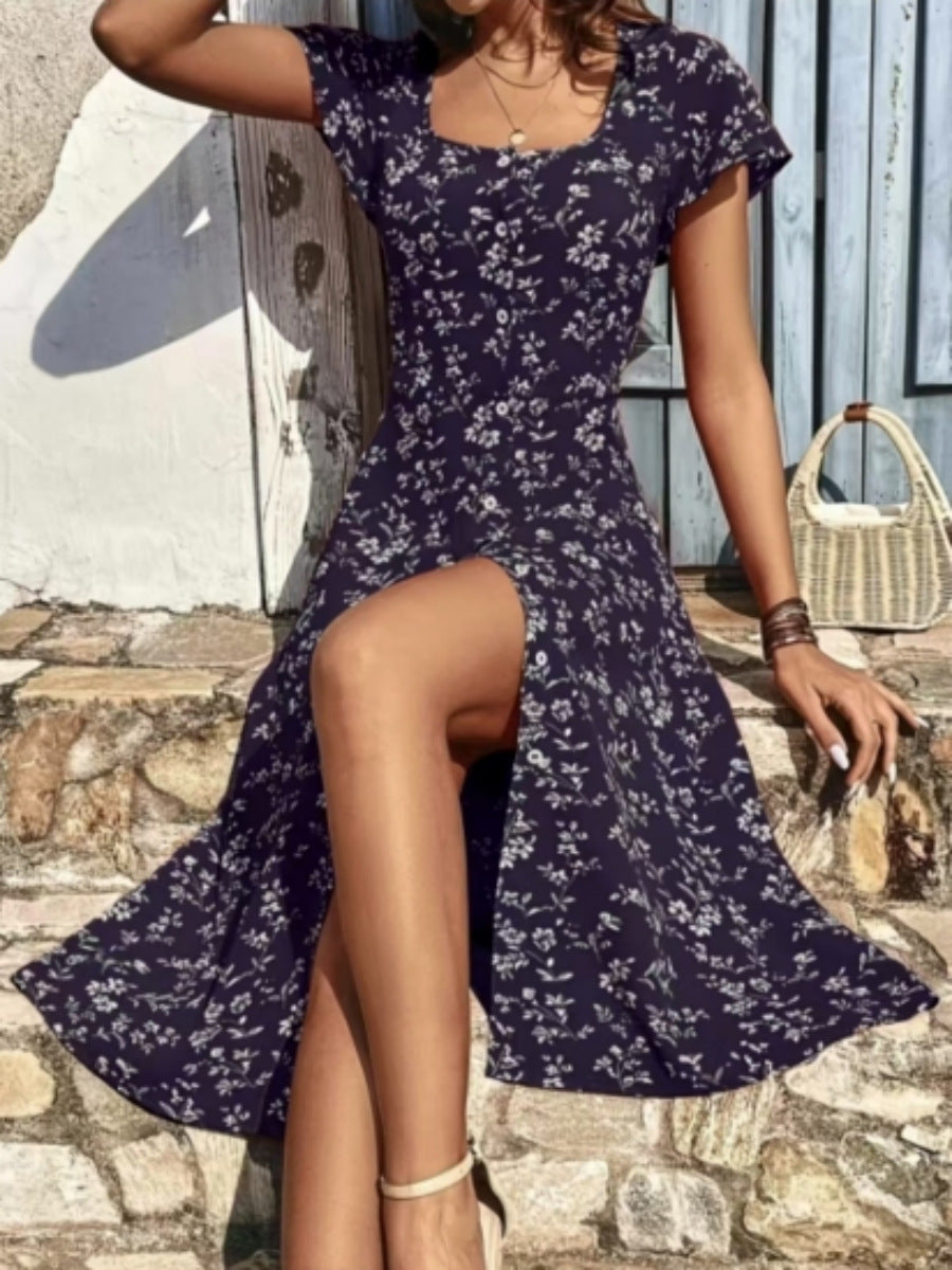 Damen Midi Kleid mit floralen Mustern und Knopfleiste EB