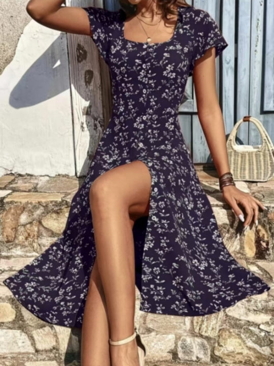 Damen Midi Kleid mit floralen Mustern und Knopfleiste EB