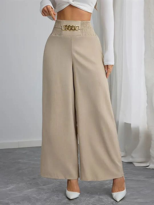 Damen Weite High-Waist Hose mit dekorativem Gummizug und modischem Gürtel EB