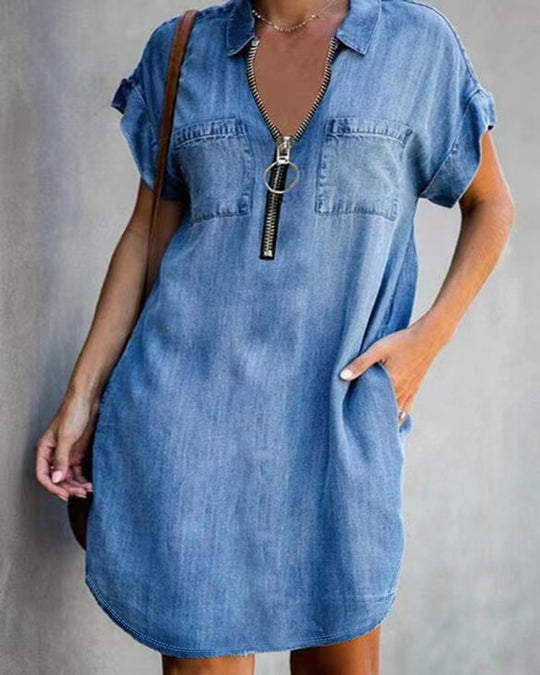 Damen Chambray Kleid mit Reißverschluss und praktischen Taschen EB