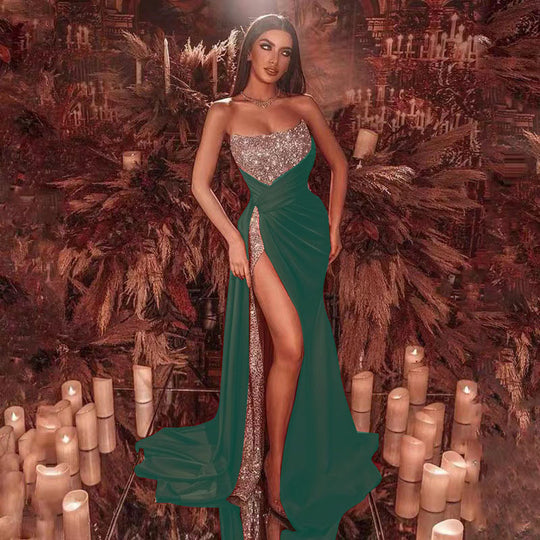 Damen Glamouröses Maxikleid mit funkelndem Oberteil und hohe Beinschlitz EB