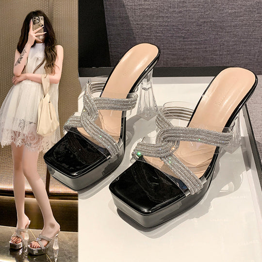 Damen Glamouröse Plateau-Sandalen mit transparentem Blockabsatz EB