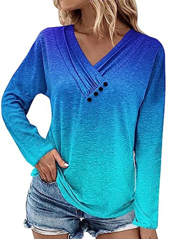 Damen Gerippter V-Ausschnitt Pullover mit Farbverlauf, Zierknöpfen und legerer Passform EB