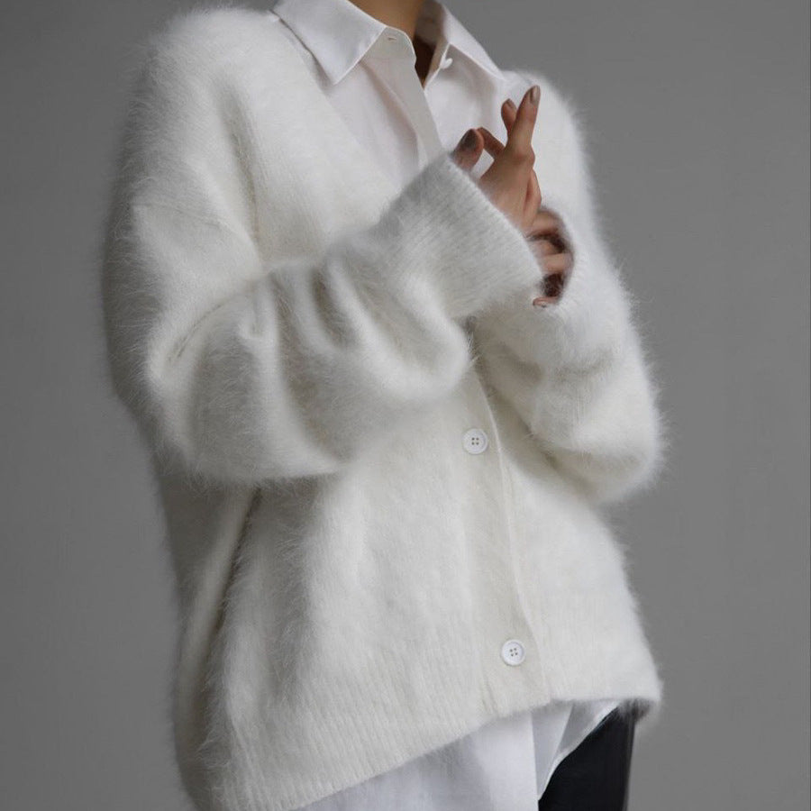 Damen Kuscheliger Oversize-Cardigan aus Teddy-Strick mit tiefem V-Ausschnitt EB