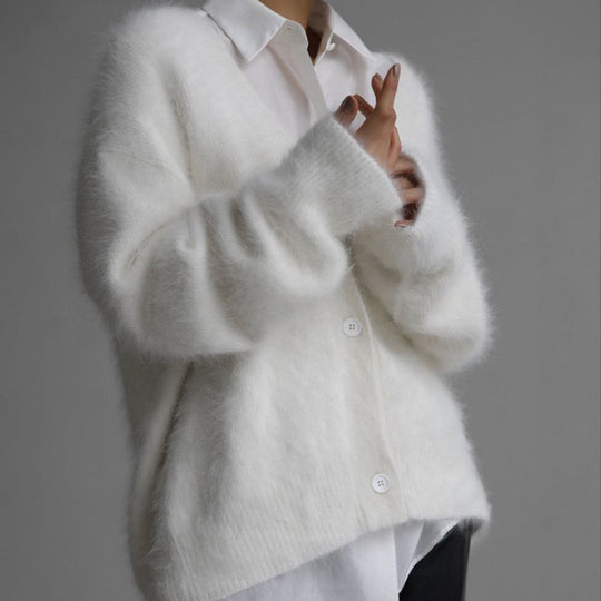 Damen Kuscheliger Oversize-Cardigan aus Teddy-Strick mit tiefem V-Ausschnitt EB