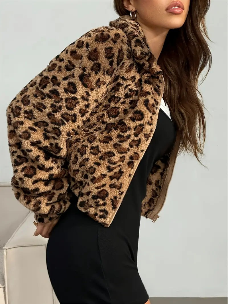 Damen Fleecejacke mit Animal-Print und praktischem Reißverschluss EB