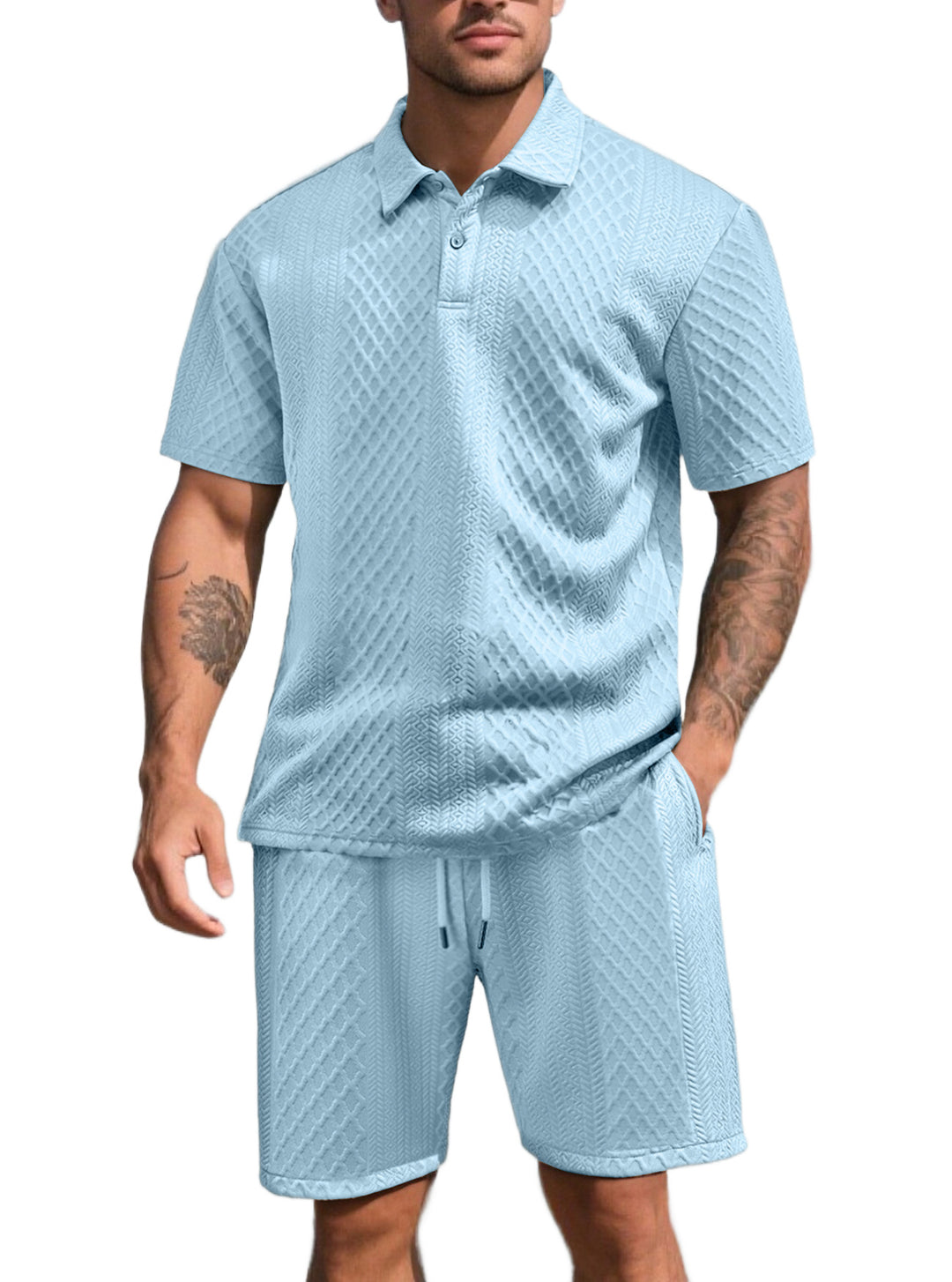Herren nan dreidimensionales Relief-Freizeit-Set mit Polokragen, verdeckter Knopfleiste und elastischer Tunnelzugshorts EB