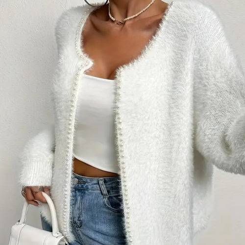 Damen Flauschiger Cardigan mit Perlknöpfen und lässigem Schnitt EB