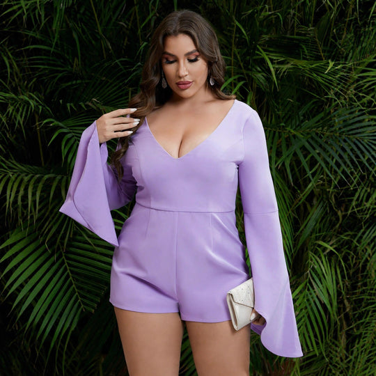 Damen Eleganter Playsuit mit weitem Arm und tiefem V-Ausschnitt EB