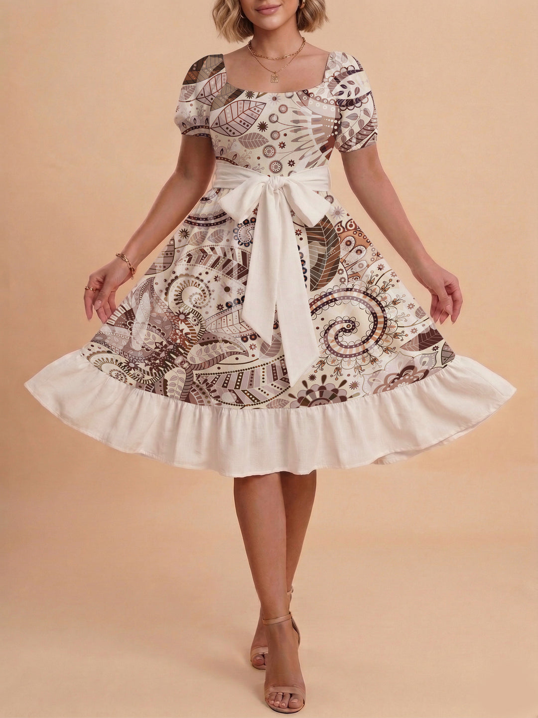 Damen modernes Blumenkleid mit elegantem Taillengürtel und asymmetrischem Saum EB