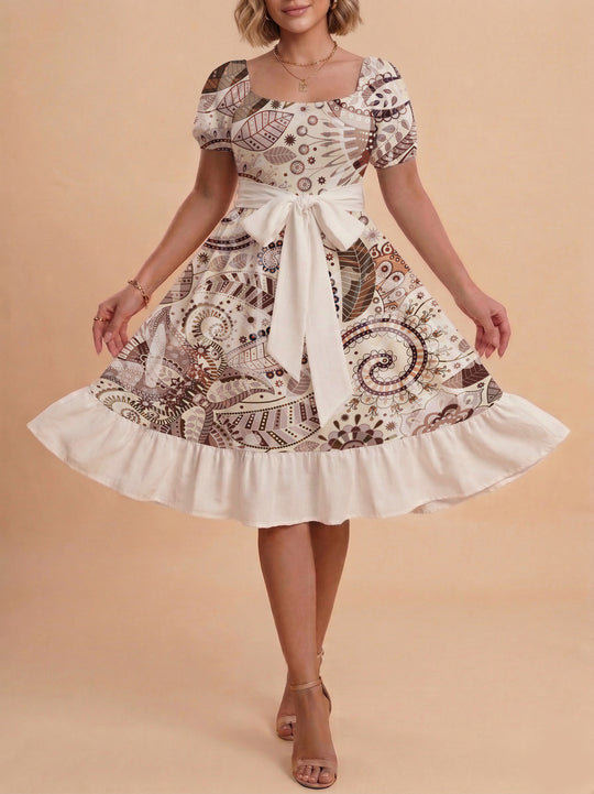 Damen modernes Blumenkleid mit elegantem Taillengürtel und asymmetrischem Saum EB
