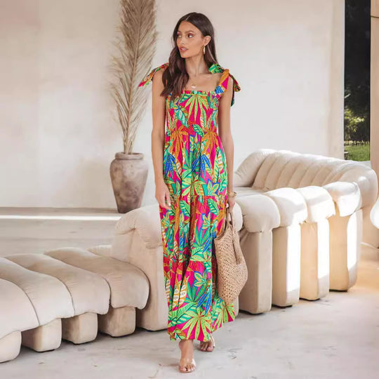 Damen Maxi-Kleid mit floralen Mustern und Trägerdetails EB