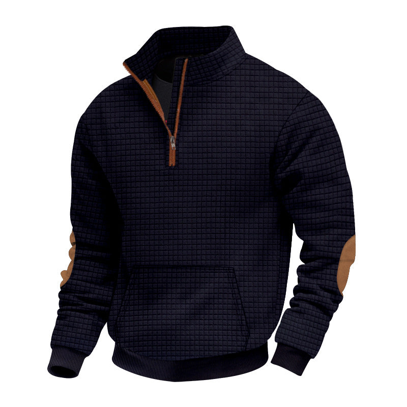 Herren nan gesteppter Halbzip Pullover mit Reißverschlusskragen und Kunstleder-Ellbogenpatches EB