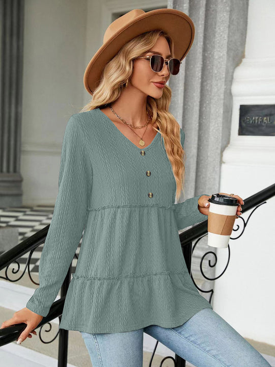 Damen Langarm Tunika mit Knopfdetail und Volant EB