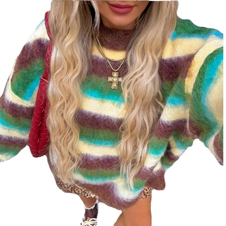 Damen Trendiger Pullover mit buntem Streifenmuster und lässigem Schnitt EB