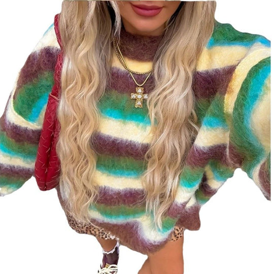 Damen Trendiger Pullover mit buntem Streifenmuster und lässigem Schnitt EB