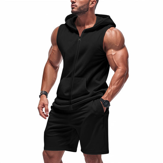 Herren nan sportliches Kapuzen-Set mit ärmelloser Sweatjacke, durchgehendem Reißverschluss und Trainingsshorts EB