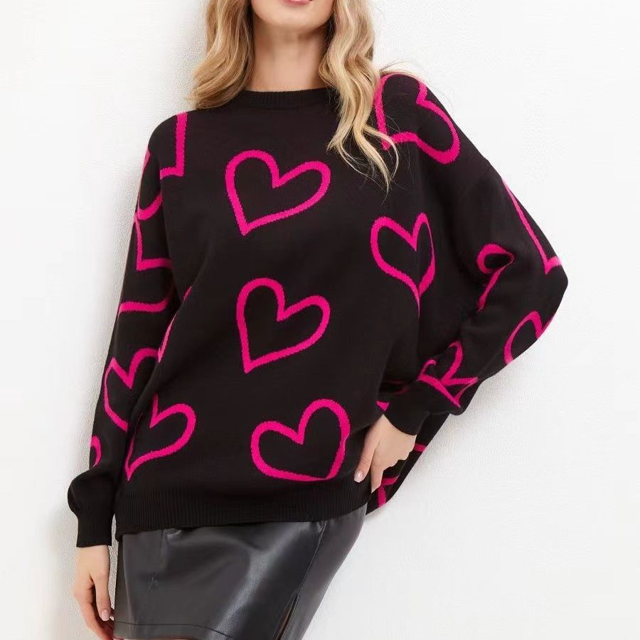 Damen lässiger Strickpullover mit Herzdesign und oversized Passform EB