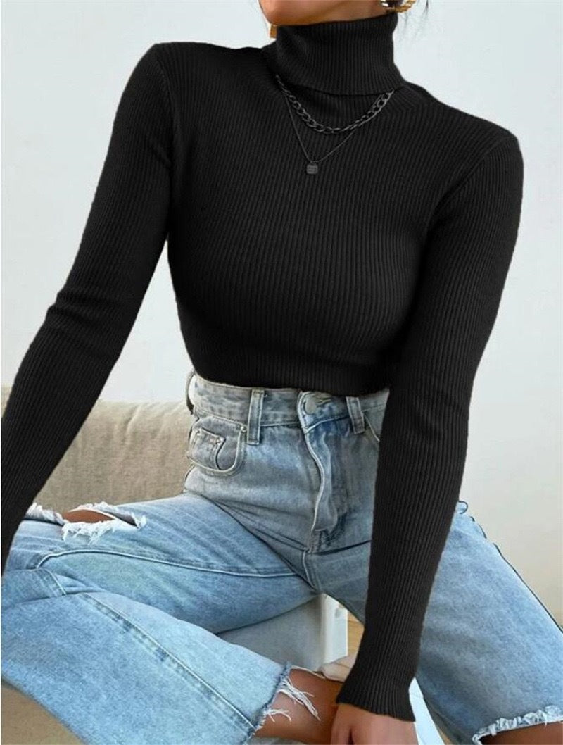 Damen Eleganter Rollkragenpullover mit feiner Rippstruktur EB