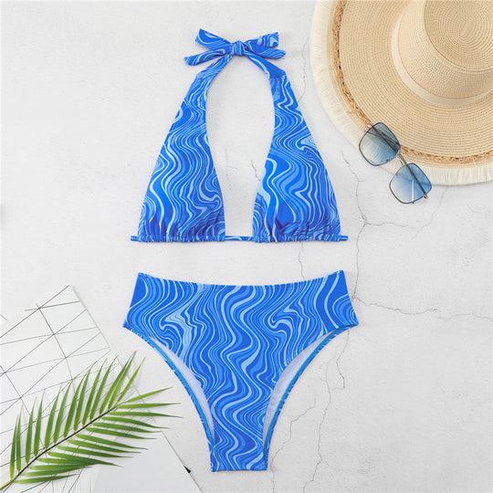 Damen Triangel-Bikini mit elegantem Wickeldetail und modischem Wellenmuster EB
