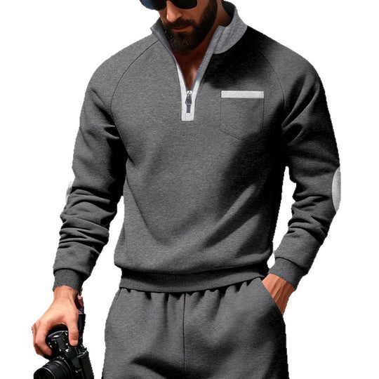 Herren nan Fleece-Quarterzip Pullover mit Brusttasche und Ellbogenpatches EB
