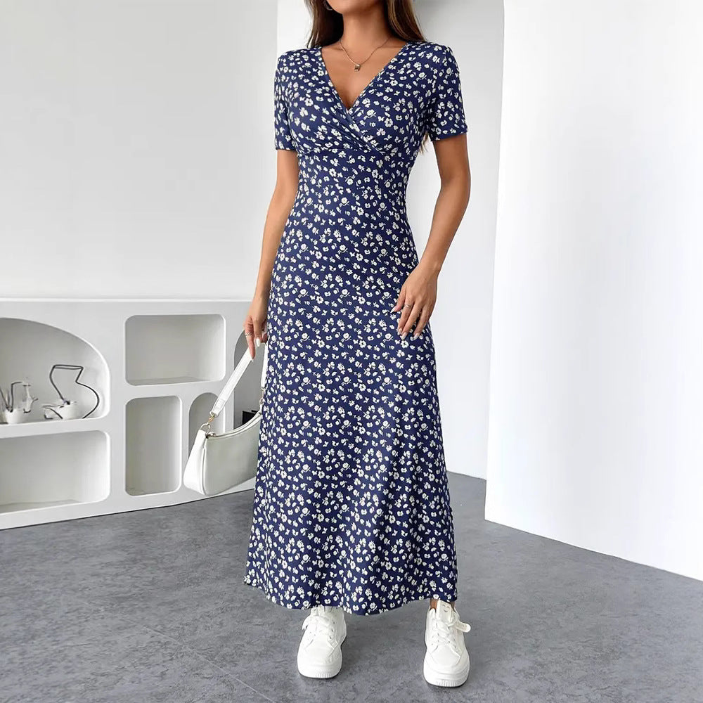 Damen nan tailliertes V-Ausschnitt Wickeloptik Maxikleid aus Viskosejersey mit kurzen Ärmeln und A-Linien-Saum EB