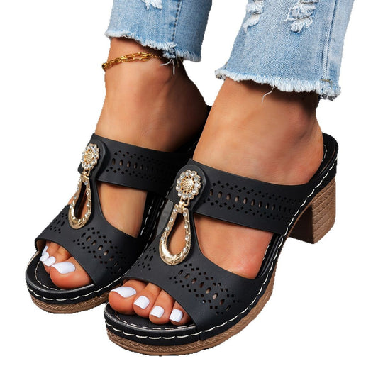 Damen modische Pantolette mit dekorativem Strassverschluss und komfortablem Blockabsatz EB