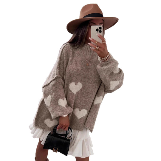 Damen grob gestrickter Pullover mit Herzmotiven und lässigem Schnitt EB